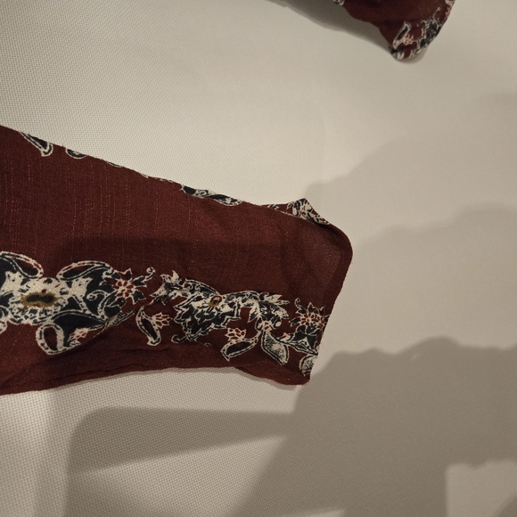 Free People Sz M Bohemian Maroon Pattern Deep V-back L/Sl  Blouse or Mini Dress - Picture 9 of 10